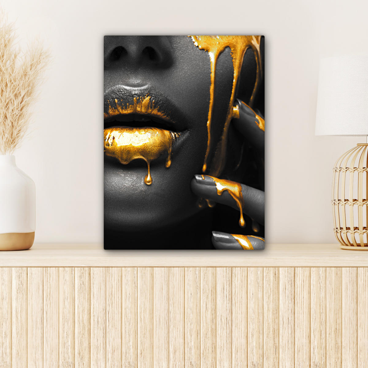 LEINWANDBILD Frau - Schwarz - Gold - Gesicht - Lippen Room Decor 30x40 cm - Goldfarben, Textil (30/40cm) - MuchoWow