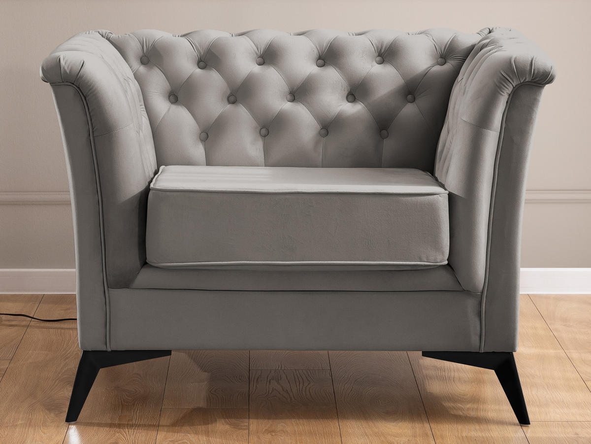CHESTERFIELD-SESSEL Whitby Grau Samt mit schwarzen Füßen - Schwarz/Grau, Holz/Textil (116/78/82cm) - S-Style Möbel