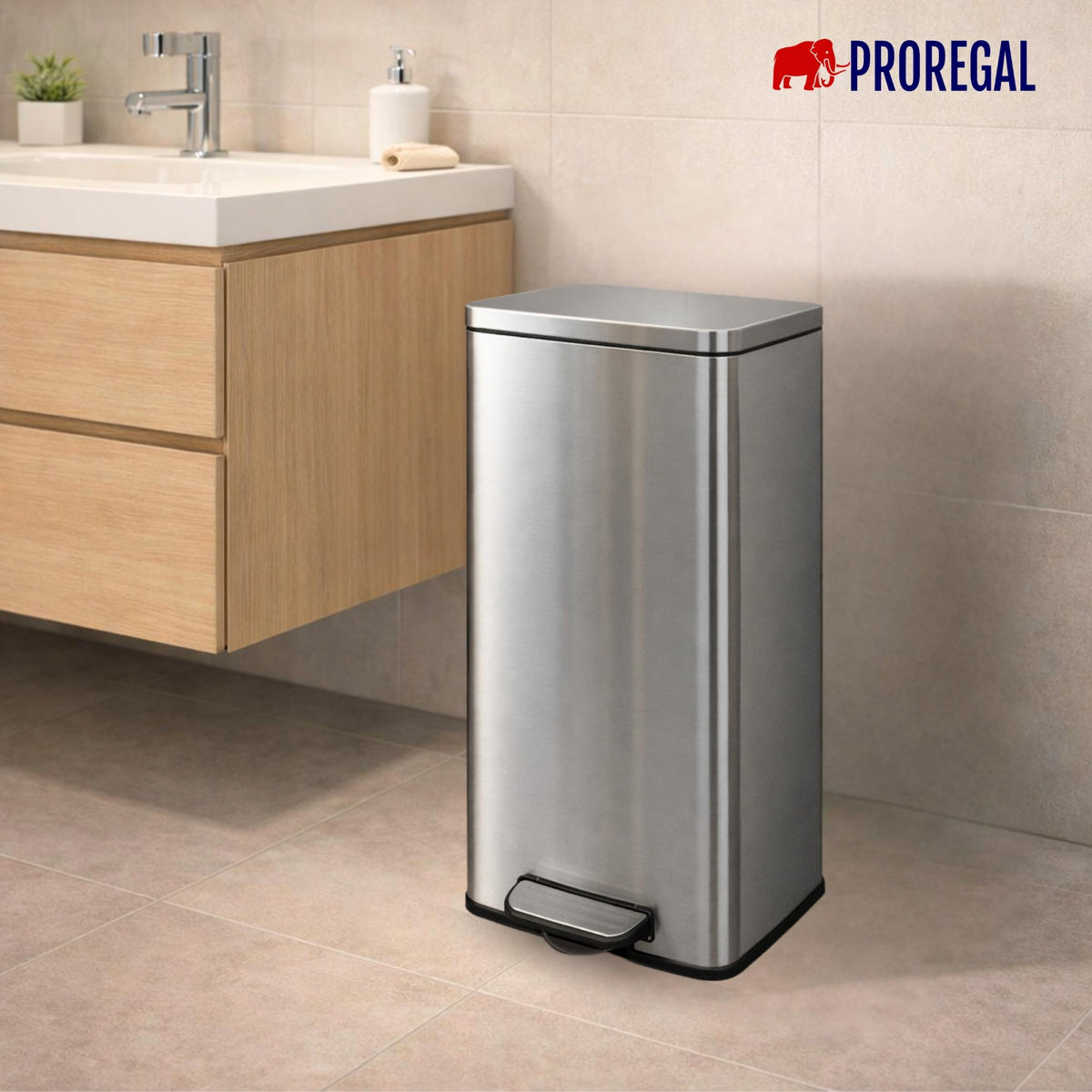 MÜLLEIMER 50 Liter mit Softclose & Fußpedal - Silberfarben, Metall (41.5/67.5/49cm) - PROREGAL