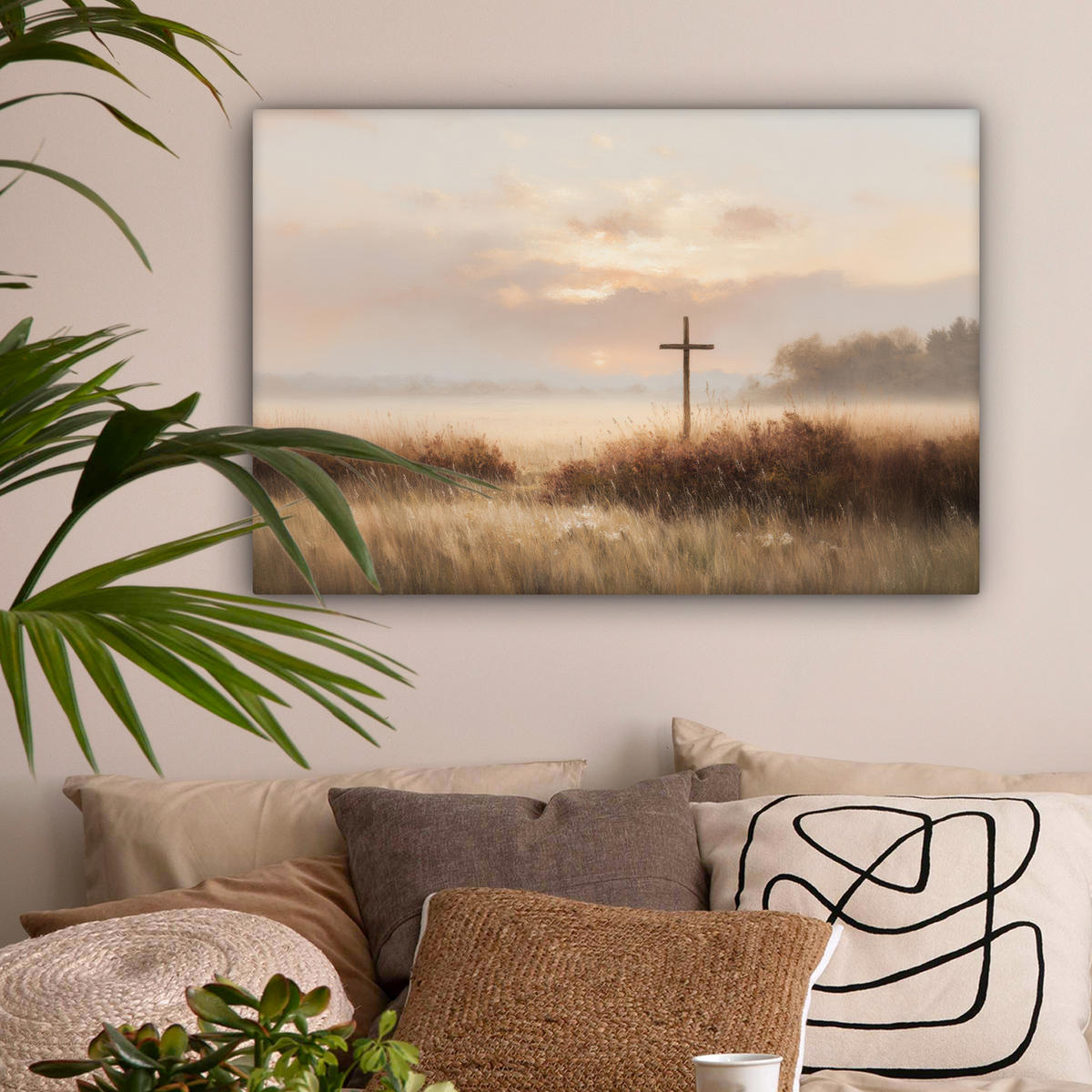 LEINWANDBILD Gras - Morgennebel - Kreuz - Christentum Gemälde 60x40 cm - Beige, Textil (60/40cm) - MuchoWow