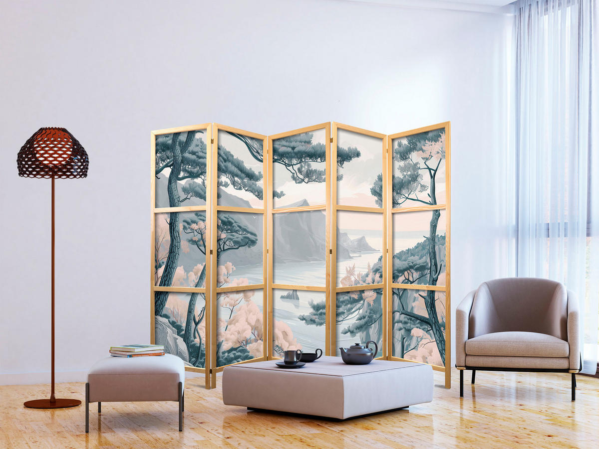 PARAVENT Japanischer 5-tlg 225x172 cm Berg Landschaft - Multicolor, Holz/Textil (225/172/3cm) - Muralo