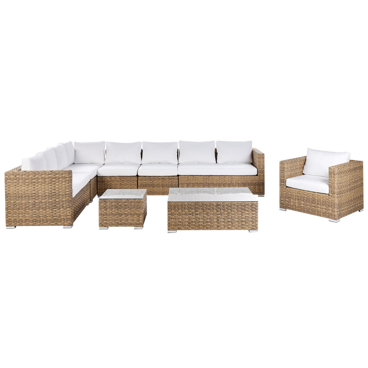 LOUNGE-SET 8-Sitzer hellbraun linksseitig modular Auflagen cremeweiß XXL - Creme, Kunststoff - Beliani