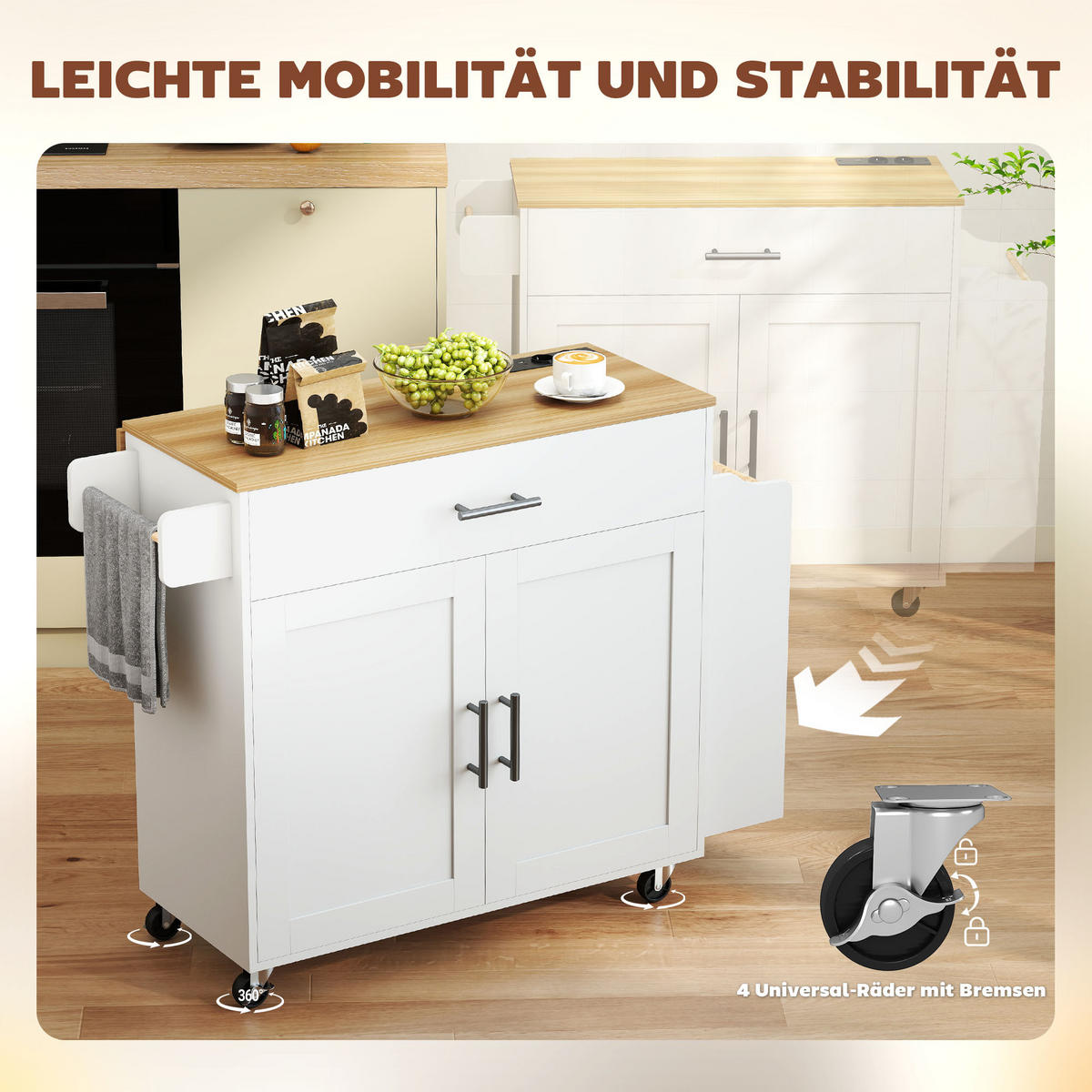 KÜCHENINSEL Küchenwagen auf Rollen mit abklappbarer Arbeitsplatte Ablage Weiß - Schwarz/Weiß, Holzwerkstoff (68/85/120cm) - HOMCOM