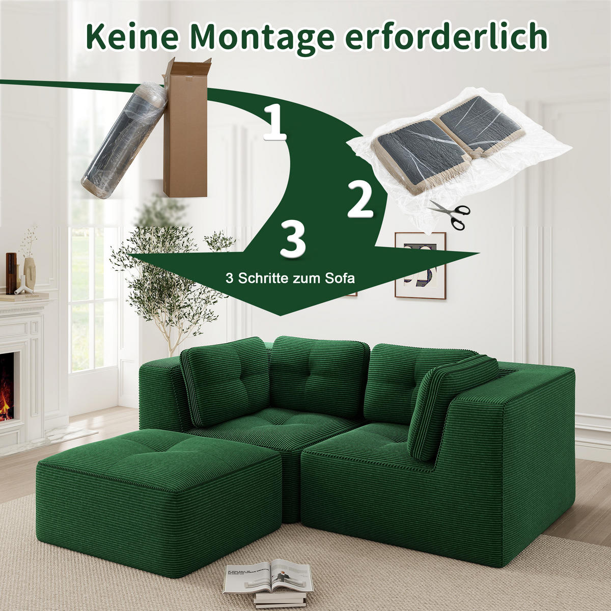 3-SITZER mit beweglicher Fußstütze und modularem Design aus Cord - Grün, Textil (208/69/177cm) - EVRYAE