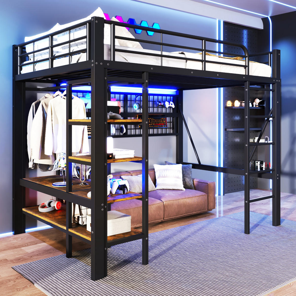 HOCHBETT 140/200 cm mit LED-Lichtleiste, Ablagefach, Hängenetz und Kleiderstange, Metall und MDF, Schwarz - Schwarz, Metall (140/200cm) - Redom