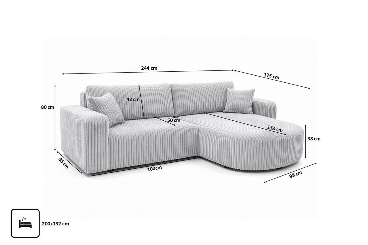 ECKSOFA Mit Schlaffunktion, Cordstoff Tilia, Grau, Rechts, ROUND ONE - Grau, Holz (244/175cm) - Kaiser Möbel