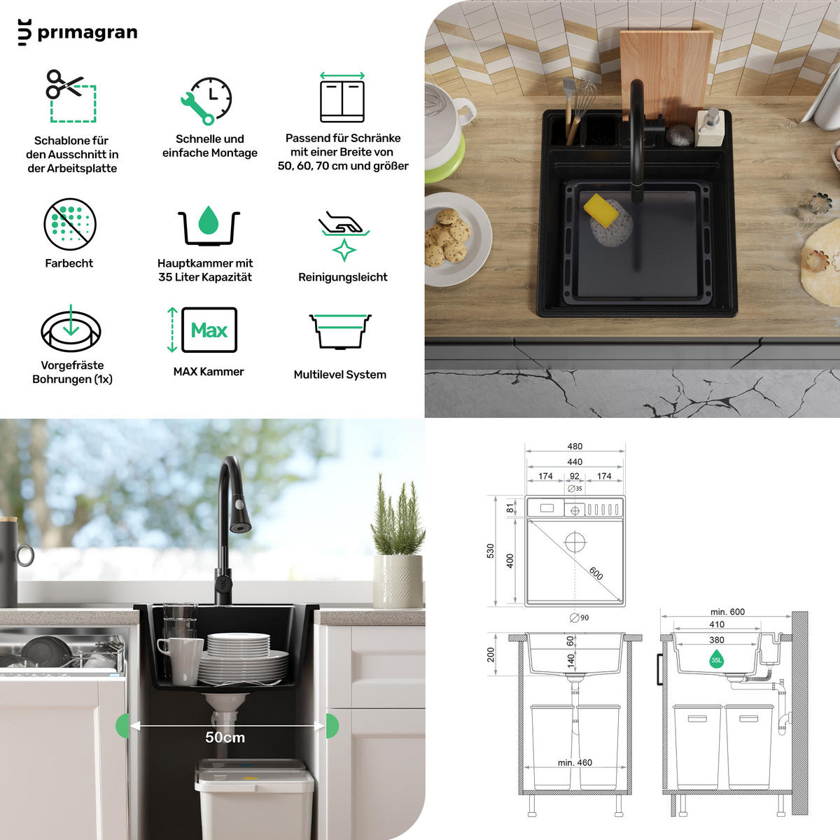 GRANITSPÜLE New York, 2-er set Weiß 48/53 cm 1 Becken + Küchenarmatur 38/14 cm + Ablauf-Set + Küchenzubehörset ab 50er Unterschrank - Chromfarben/Beige, Kunststoff (48/20/53cm) - Primagran