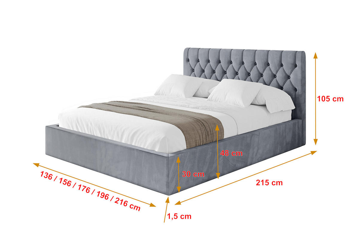 POLSTERBETT mit Bettkasten und Lattenrost, Bett mit Matratze H3/H4 - RENO 160x200 Grau - Grau, Holzwerkstoff/Textil (160/200cm) - ALTDECOR