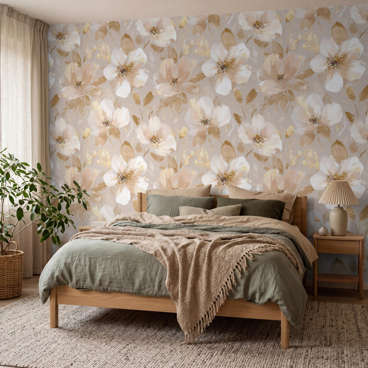 TAPETE - Blumen - künstlerisch - Gold - 300x220 cm - Beige, Papier (300/220cm) - OnlyWow