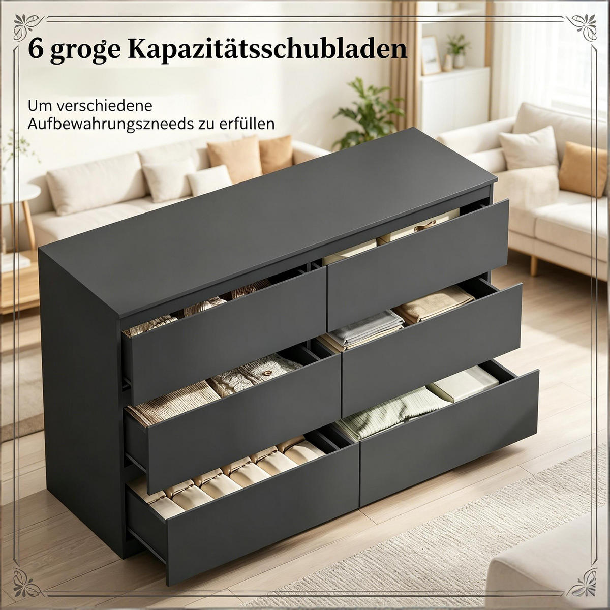 KOMMODE DE-38088 120/40/75 cm mit 6 Schubladen Schwarz - Schwarz, Holzwerkstoff (120/75/40cm) - ComfortXL