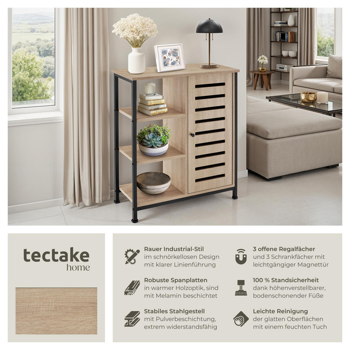 SIDEBOARD ,mit höhenverstellbaren Kunststofffüßen, 70 x 32 x 82 cm,Industrial Holz hell, Eiche Sonoma - Naturfarben, Holzwerkstoff (32/82/71cm) - tectake