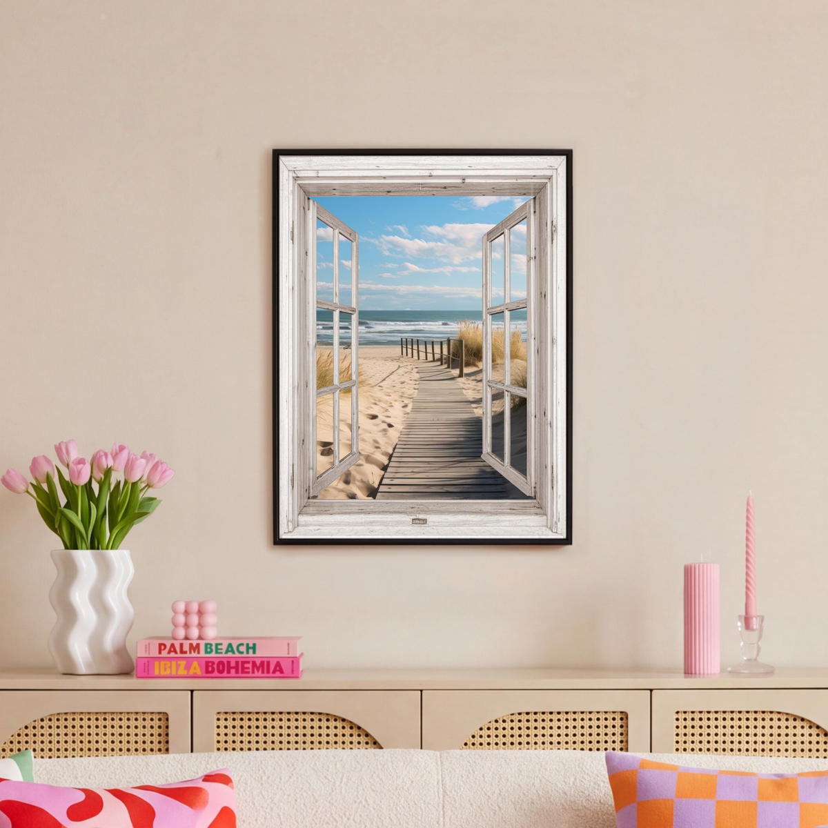 LEINWAND Bilder mit Rahmen - Fenster - Meer - Küste - Natur - Ausblick - Strand - Wattenmeer - 60x80 - Beige, Textil (60/80cm) - MuchoWow