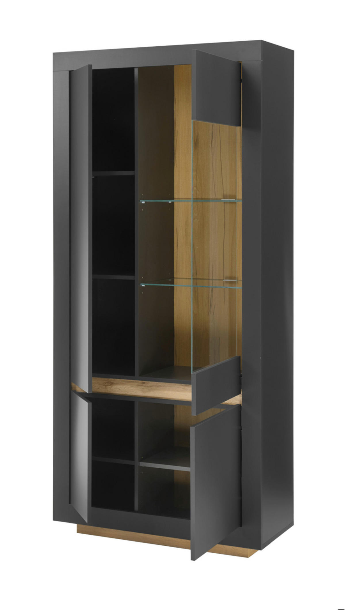 VITRINE anthrazit, Wotan Eiche, Vitrinenschrank 96 x 206 cm mit 10 Fächern - Eichefarben/Anthrazit, Glas/Eichenholz (96/206/38cm) - Furn.Design