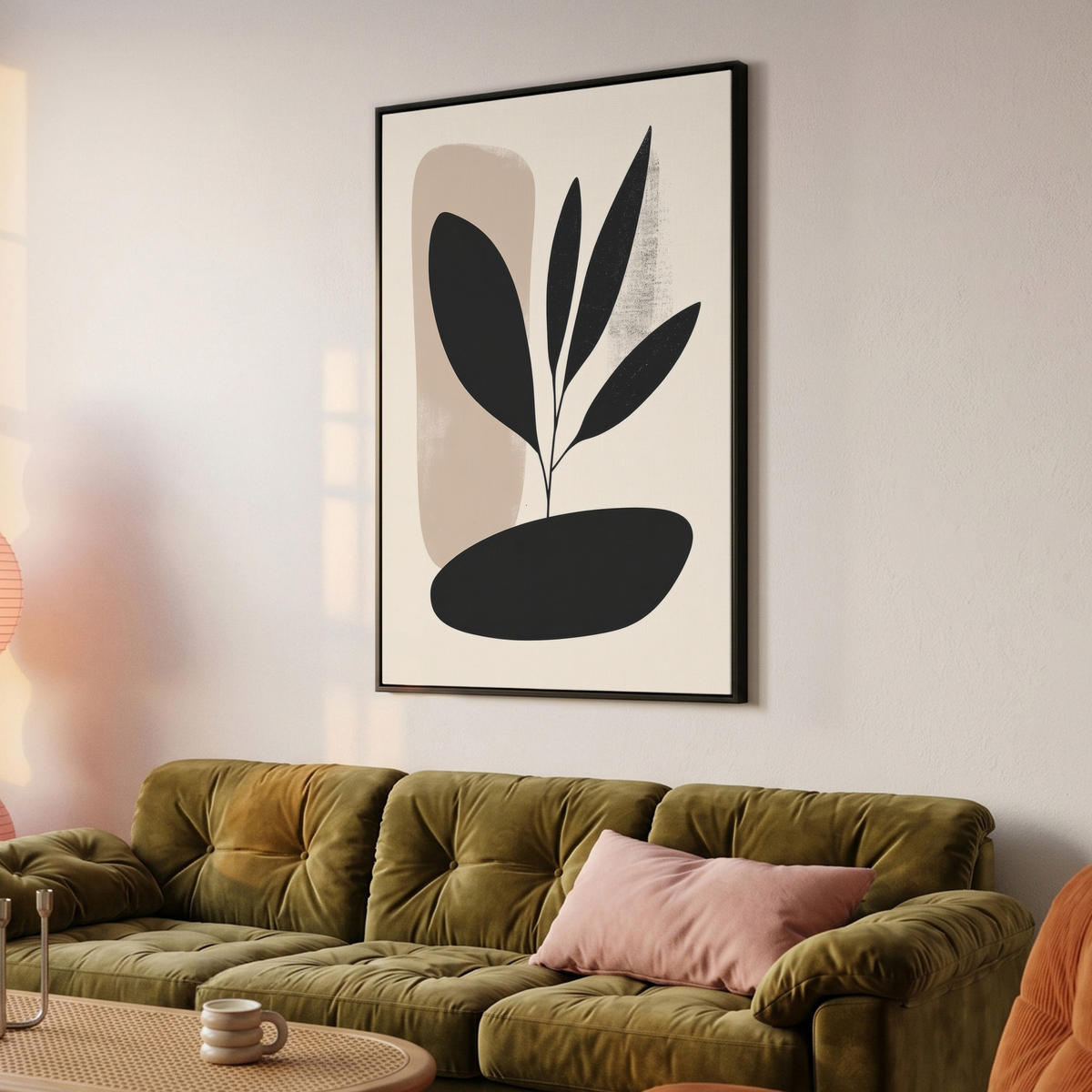 LEINWAND Bilder mit Rahmen - Pflanze - Beige - Japanisch - 100x150 - Schwarz, Textil (100/150cm) - MuchoWow