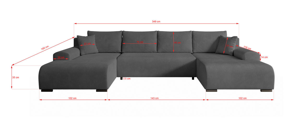 WOHNLANDSCHAFT Nelly U mit Bettkasten und Schlaffunktion, Cordstoff in U-Form - Dunkelgrau, Textil (349/80/185cm)