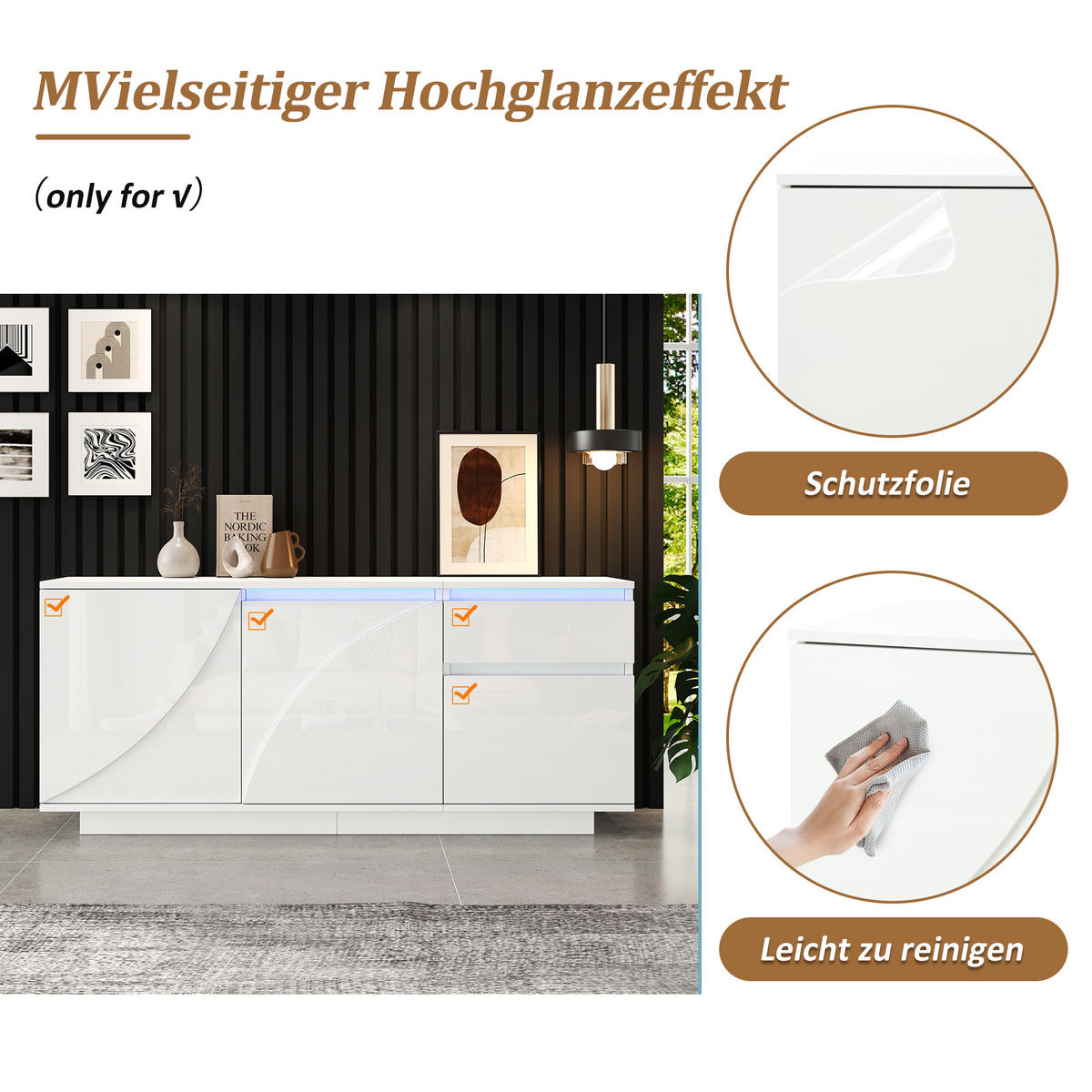 SIDEBOARD Weiß Hochglanz mit LED & 3 Türen 1 Schublade 140×40×60 cm - Weiß, Holzwerkstoff (140/60/40cm) - Urban Meuble