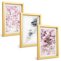 BILDER SET 3er Set - 20x30 cm Goldrahmen - Pfingstrosenporträt einer Frau in Schwarzweiß - Goldfarben, Kunststoff (20/30cm) - TULUP