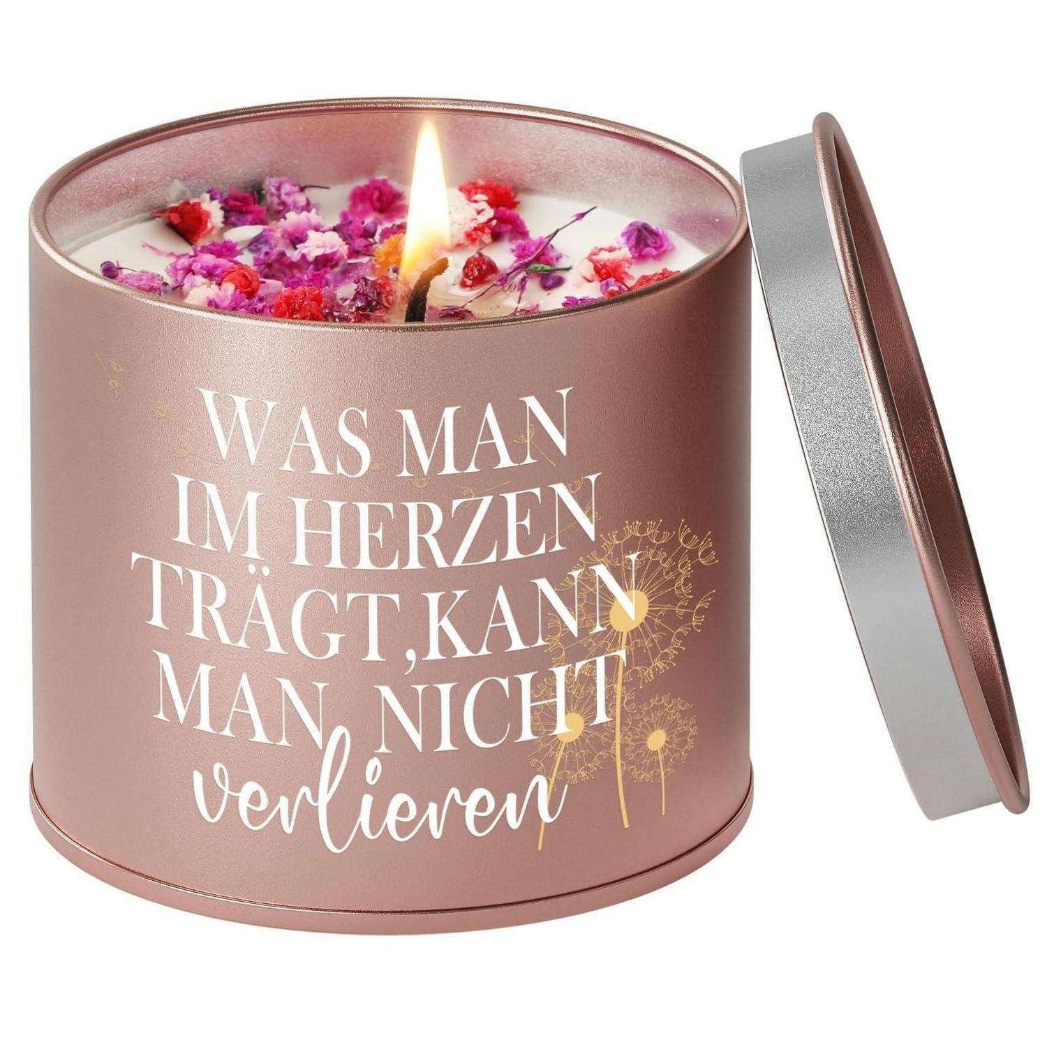 DUFTKERZE Lavendel 9OZ mit Spruch "Was man im Herzen trägt, kann man nicht verlieren" - Rosa, Glas (7.5cm)