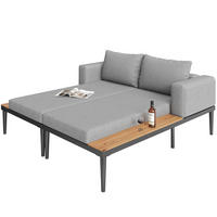 VENKOVNÍ rozkládací lehátko z kovu 150x140x30 cm šedé, voděodolný polyester, pro 2 osoby se stolky - šedá, kov (150/30/140cm) - Modfu
