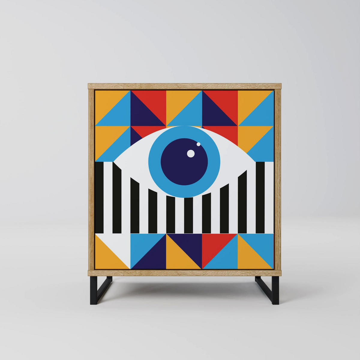 SIDEBOARD ABSTRACTION AND GEOMETRY, Eichefarben, 57,5x42x70,5 cm, Schwarze Metall-Sternfüße - Eichefarben/Multicolor, Holzwerkstoff/Metall (57.5/70.5/42cm) - SpaceRebels