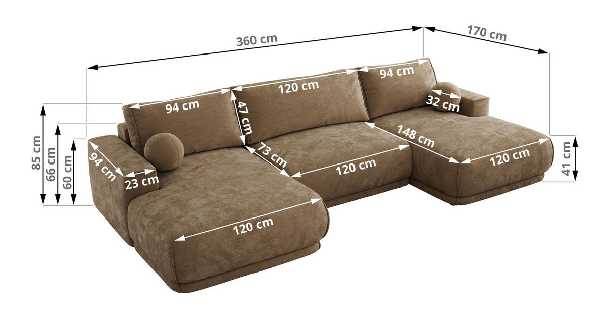 SEDACIA SÚPRAVA RINA U Hnedá Hladký ženil - hnedá/čierna, textil/plast (360/85/170cm) - MKS
