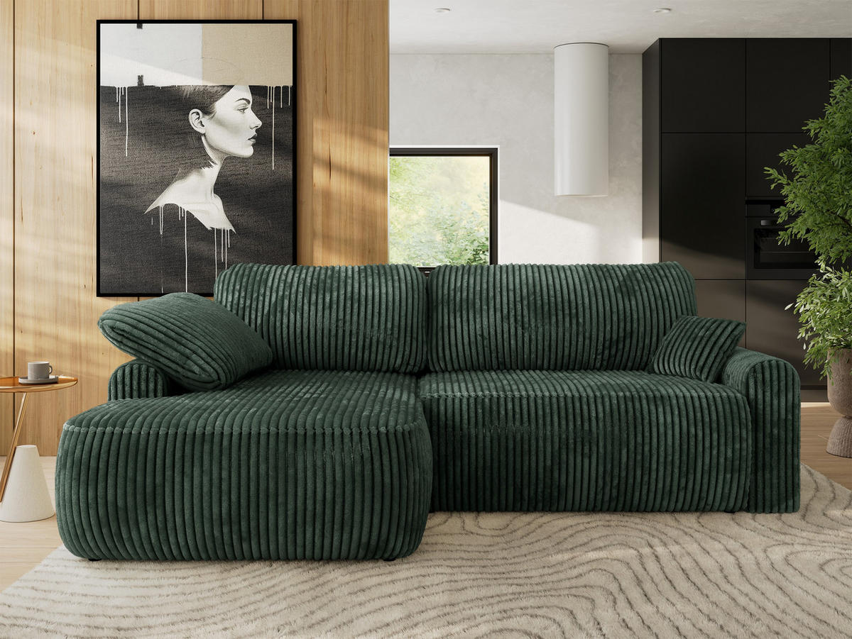 ECKSCHLAFSOFA CUBO L Grün Cord - links - Schwarz/Grün, Kunststoff/Textil (273/187cm) - MKS