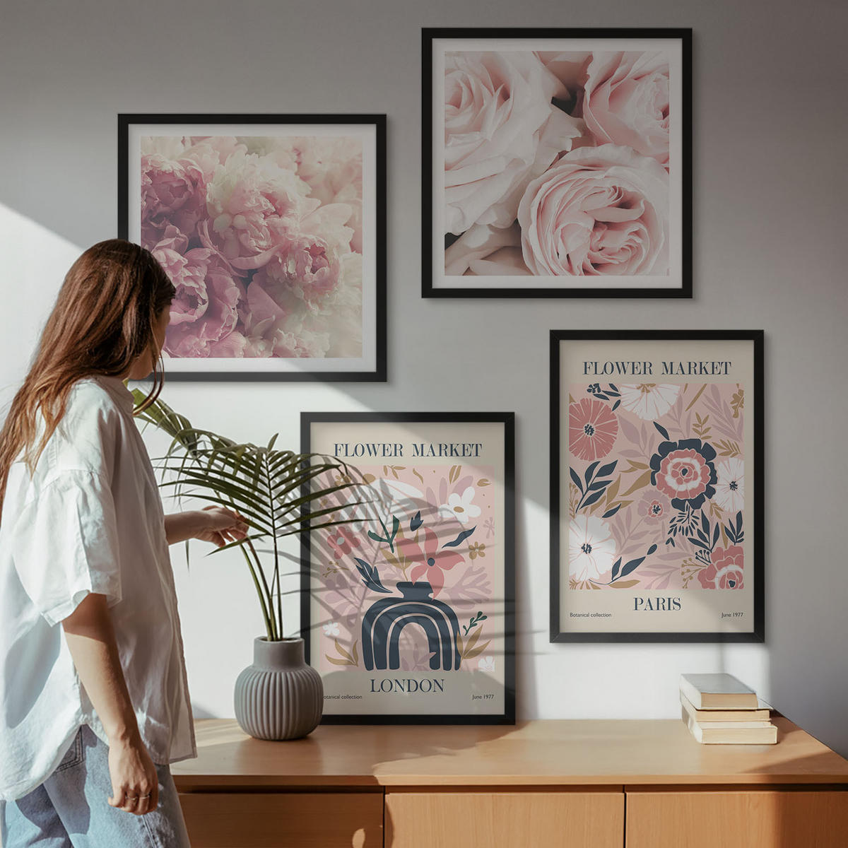 BILDER SET 4er Set - 50x50 cm & 40x60 cm Schwarzer Rahmen - Blumenmotive Rosen Paris - Schwarz, Kunststoff (50/50cm) - TULUP