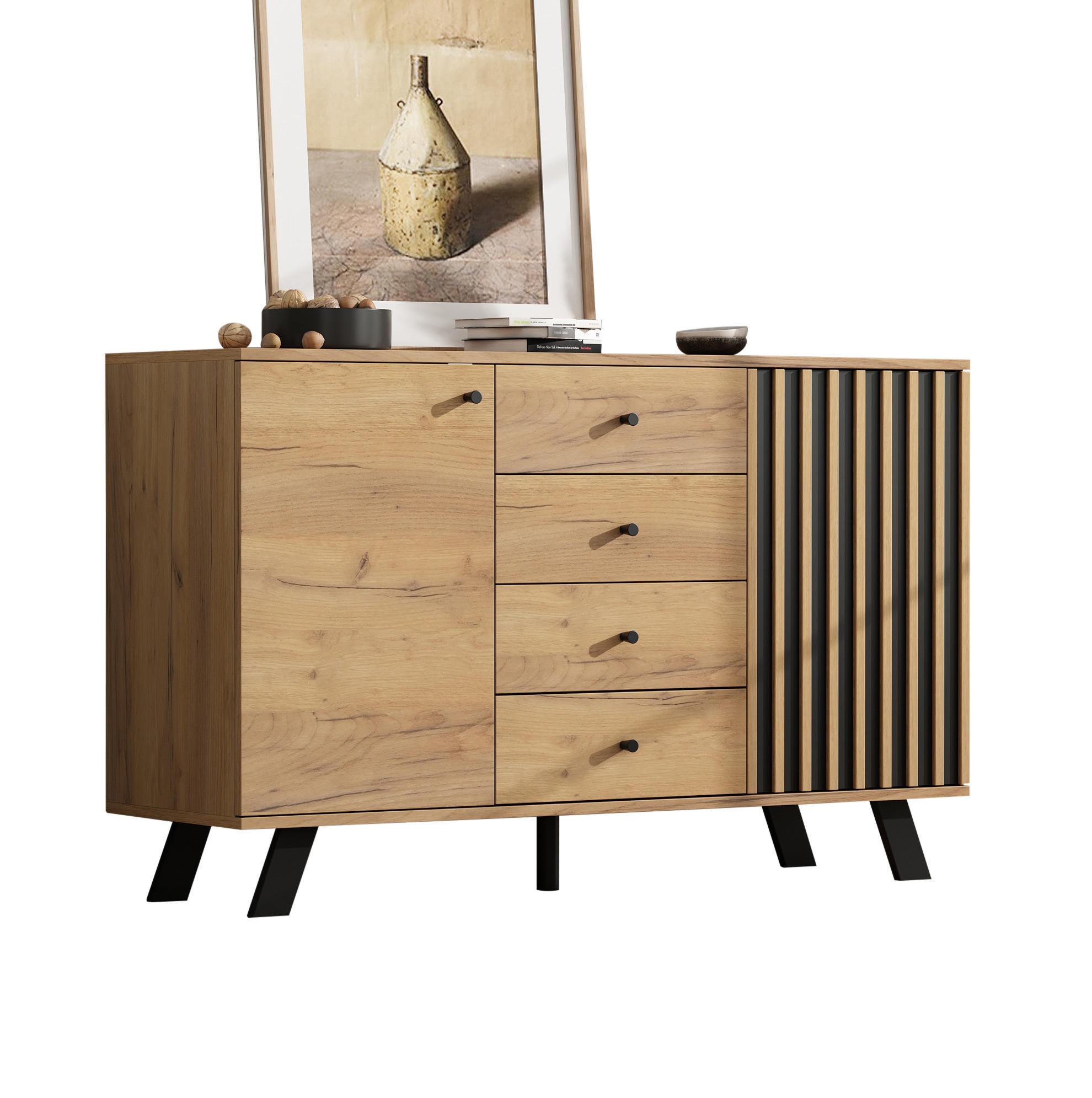 SIDEBOARD 120/38/75 cm Schwarz/Natur aus MDF mit 4 Schubladen und 2 Schränken - Schwarz, Holzwerkstoff (38/75/120cm) - OKMYHOME