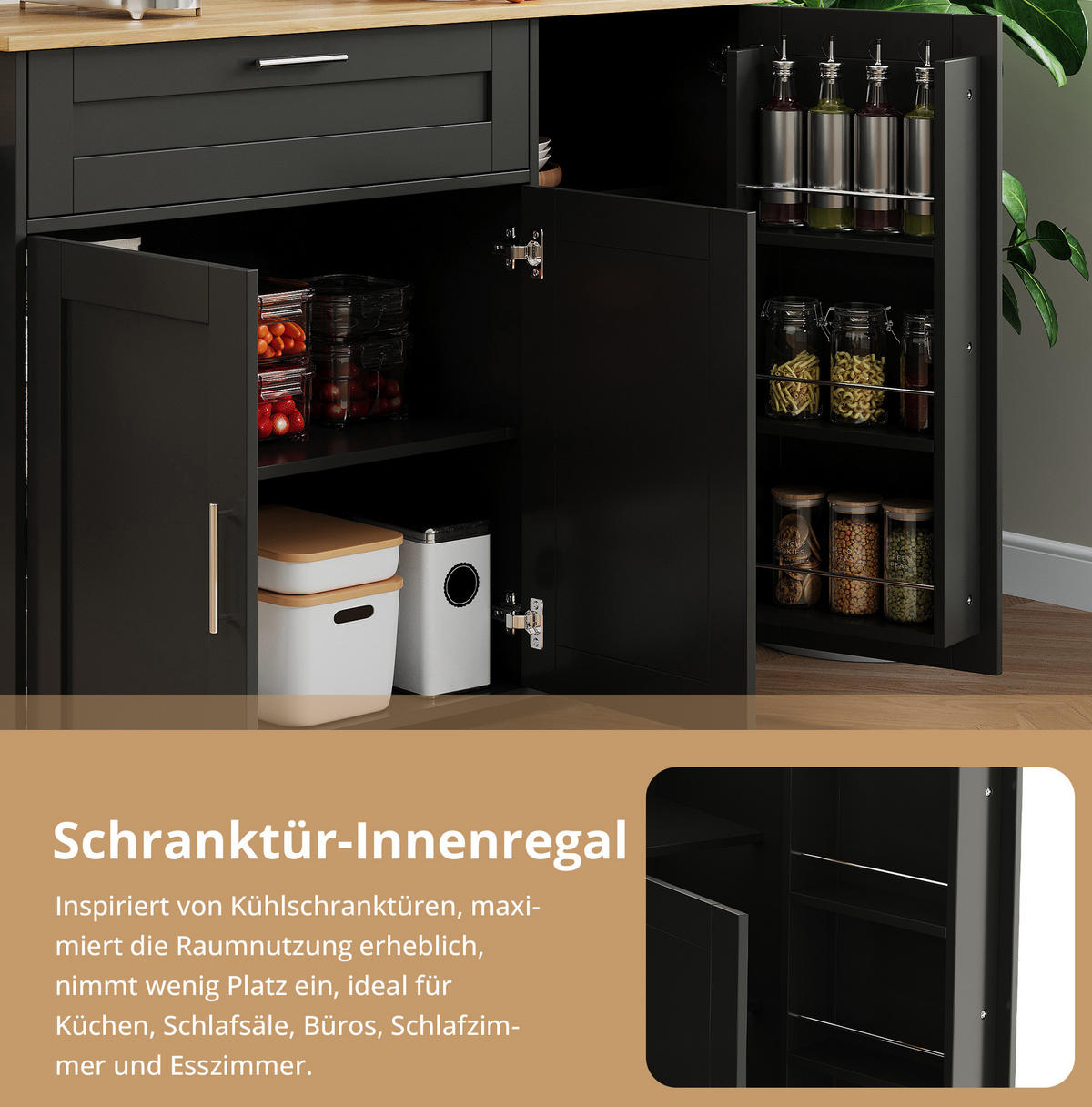 KÜCHENINSEL 132,5/44(70)/90 cm aus MDF mit klappbarer Arbeitsplatte und 5 Rollen Schwarz/Natur - Schwarz, Holzwerkstoff (132.5/90/70cm) - Modenvie