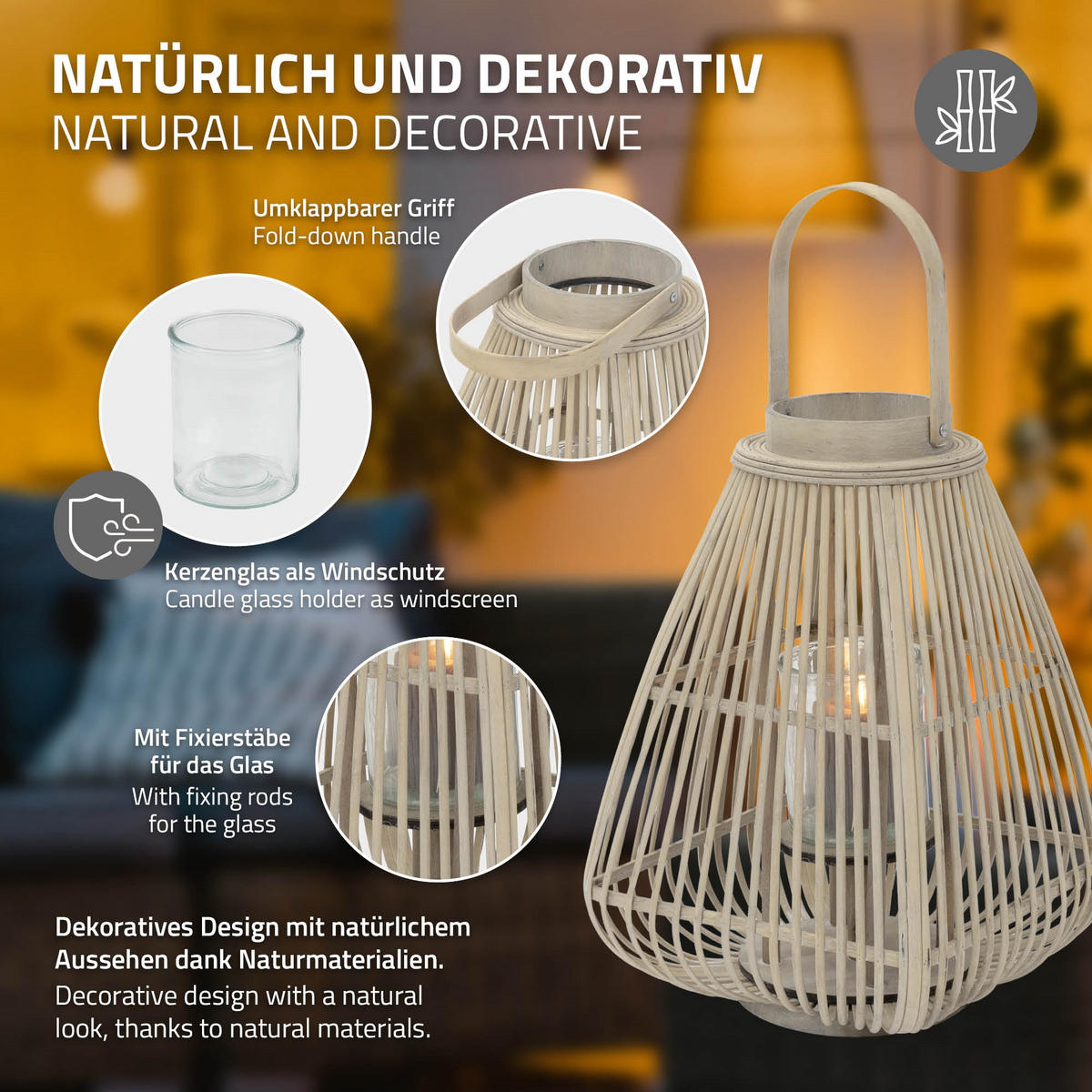 BAMBUSOVÁ LAMPION V: 55 cm, dřevěná barva, styl boho - přírodní, dřevo (28/55/28cm) - ECD-Germany