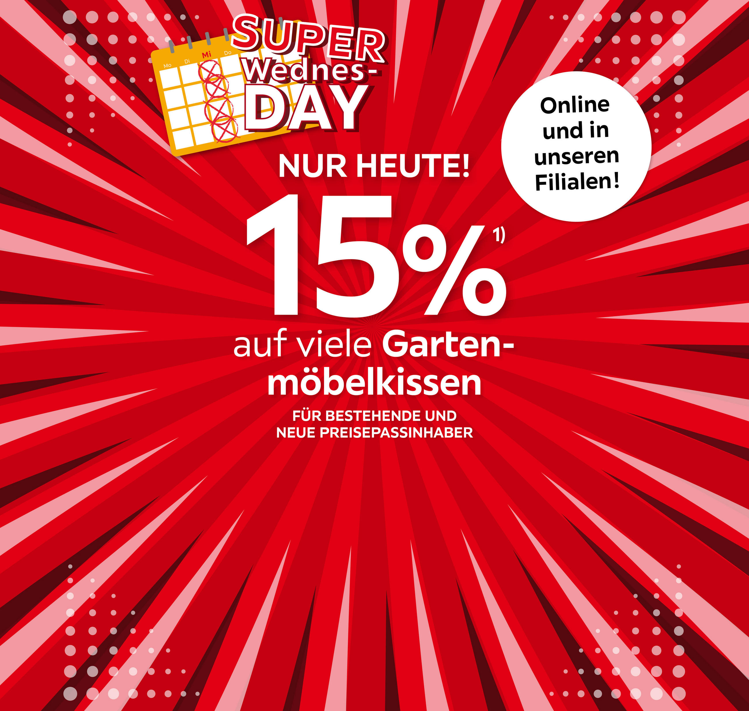 SUPER WEDNESDAY, NUR HEUTE! (15% auf viele Gartenmöbelkissen); für bestehende und neue Preisepassinhaber; Online und in Ihrer Filiale!