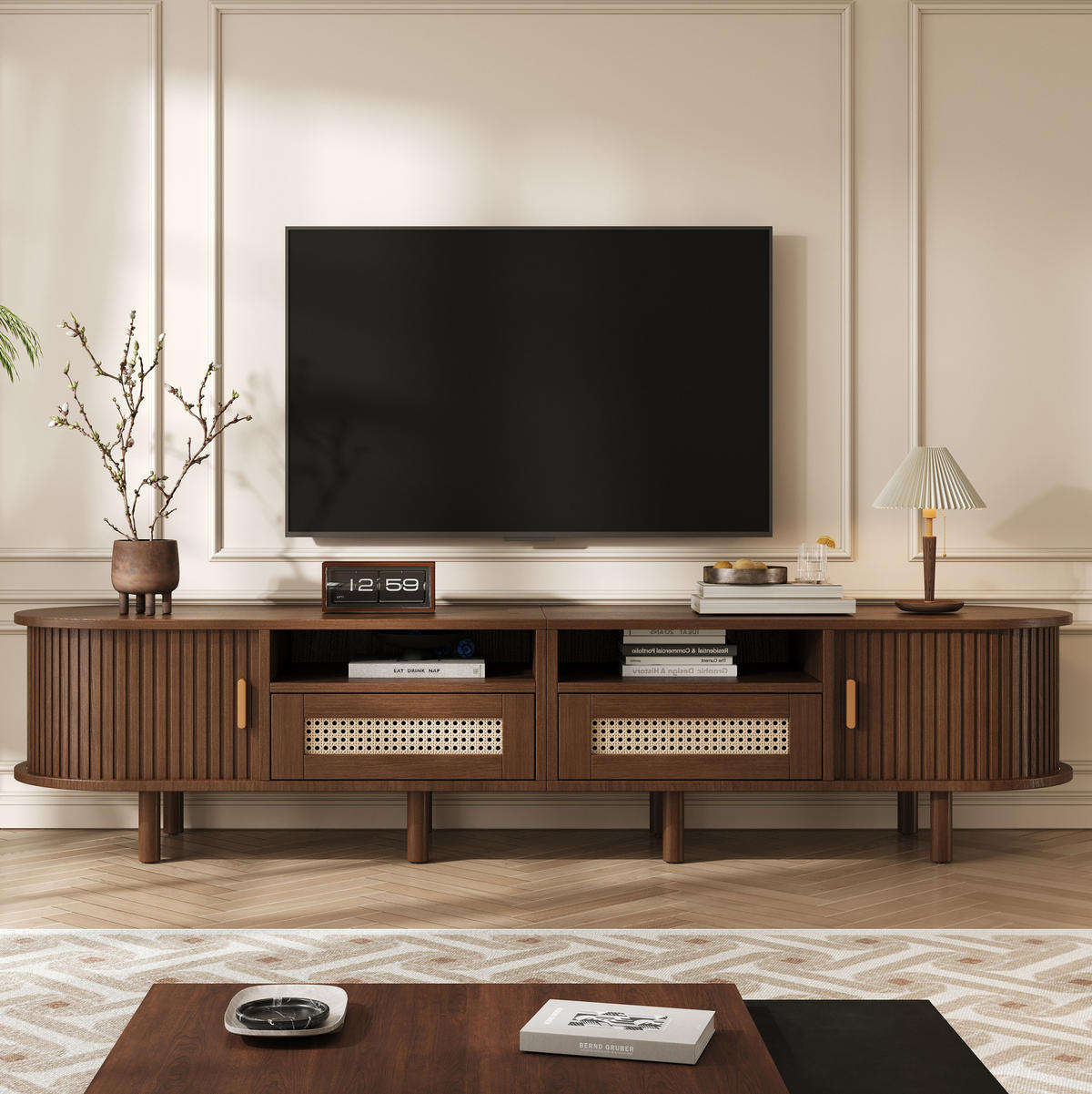 TV-LOWBOARD 170/40/40 cm mit 2 Schubladen, 2 Schiebetüren und Rattan-Optik aus MDF/Metall/Massivholz, Dunkle Eiche - Braun, Holzwerkstoff (170/40/40cm) - Redom