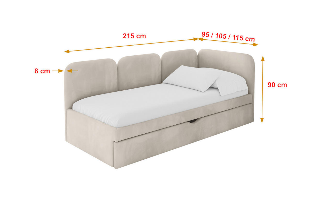 EINZELLBETT Jugendbett mit Bettkasten und Matratze H3/H4, Links - ALVY 100x200 Beige - Ecru, Holzwerkstoff/Textil (100/200cm) - ALTDECOR