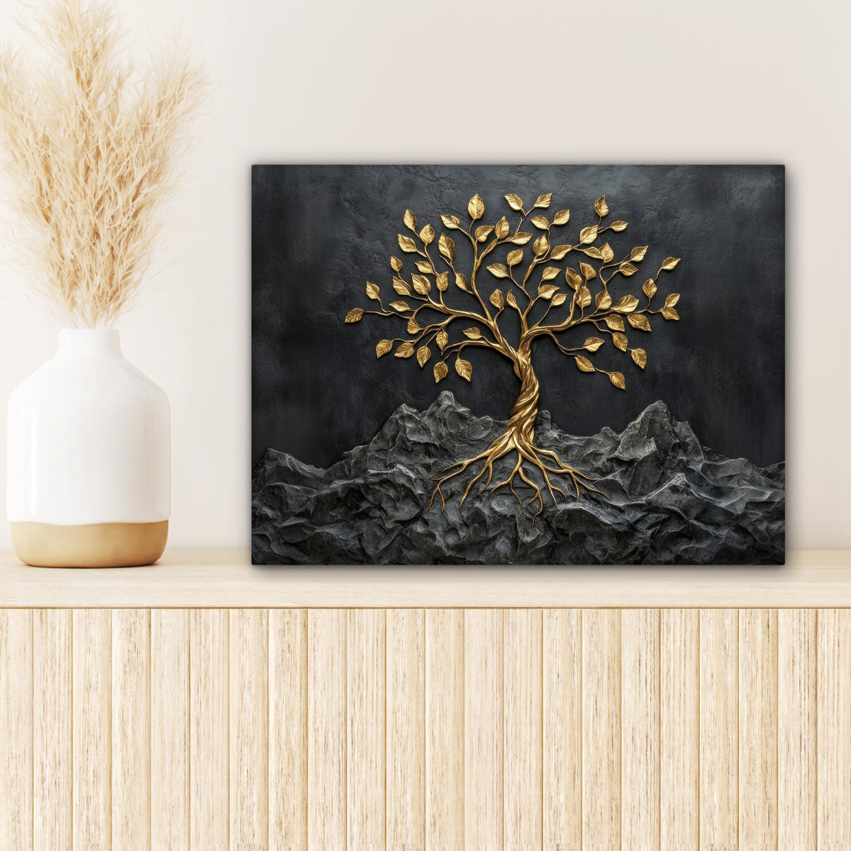 LEINWANDBILD Blätter - Gold - Baum - Fels Wandbild 40x30 cm - Schwarz, Textil (40/30cm) - MuchoWow