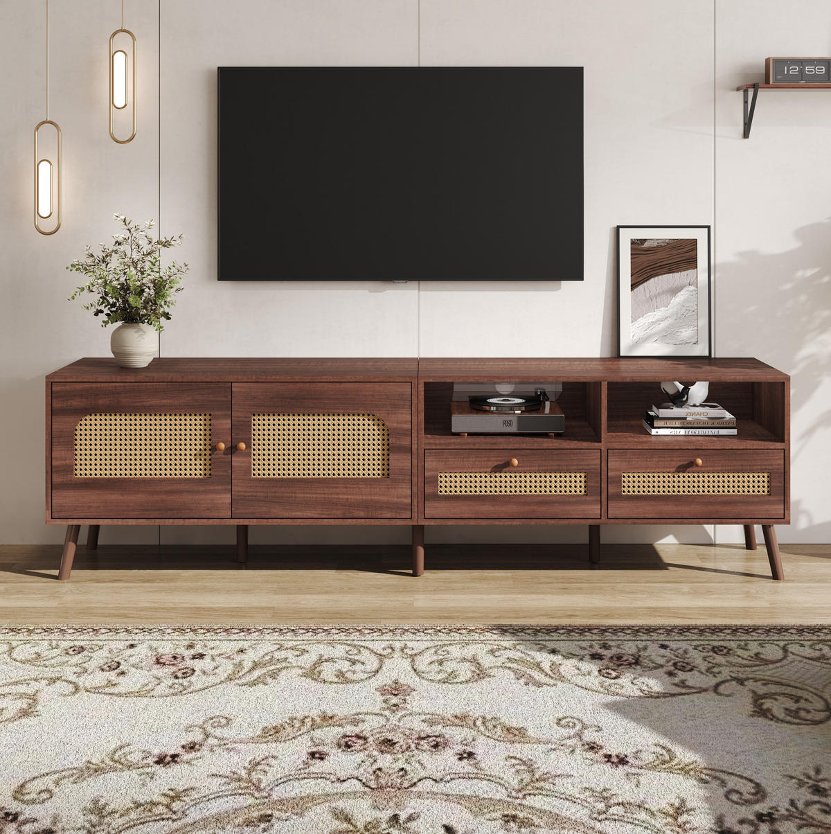 TV ormarić od iverice 200x37x49,5 cm smeđa s vratima od ratana, 2 ladice i 8 nogu - smeđa, drvni materijal (200/49.5/37cm) - Modfu