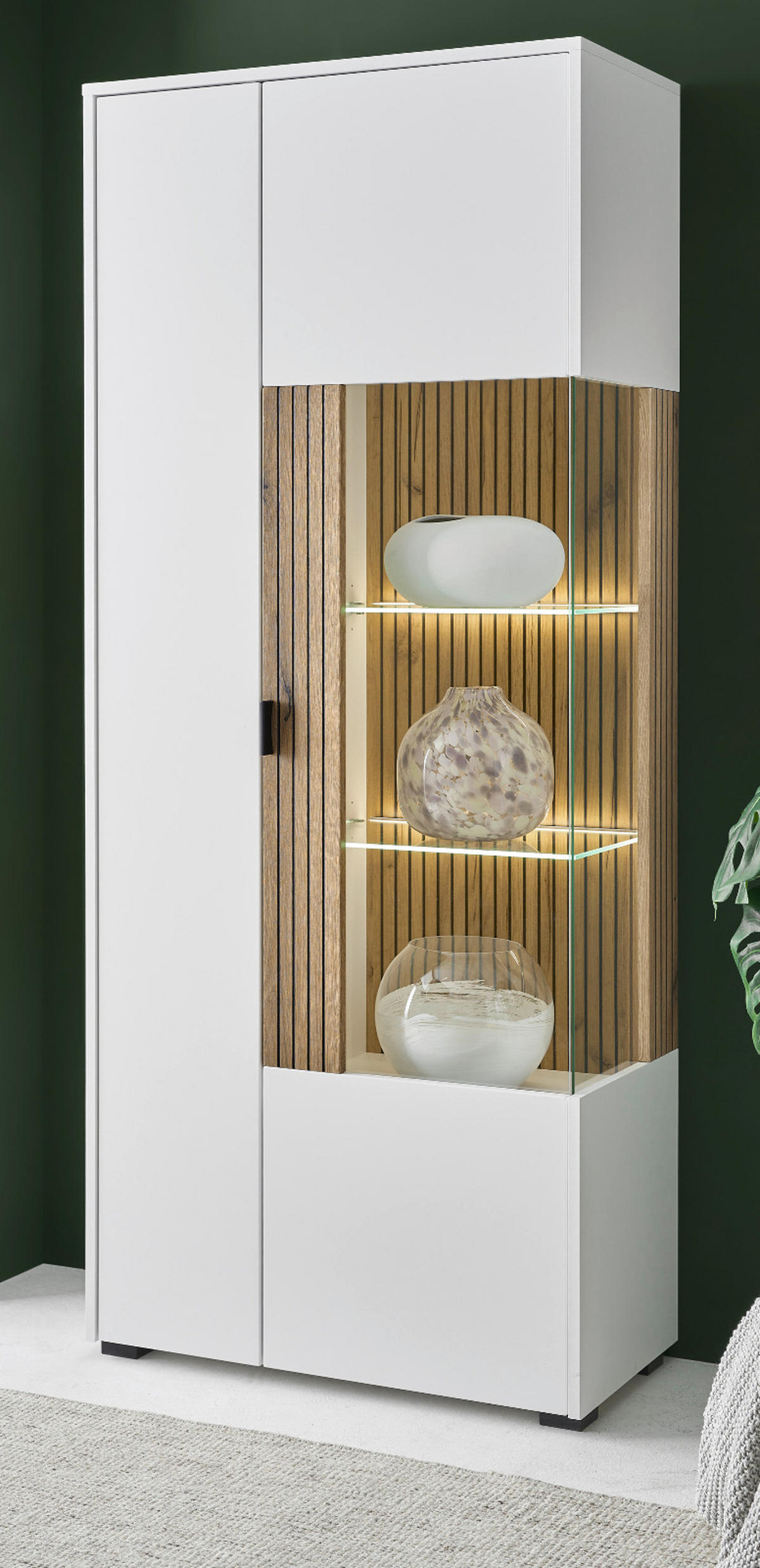 VITRINE weiß matt, Eiche 75 x 180 cm, Vitrinenschrank mit 10 Fächern und Soft-Close-Funktion - Eichefarben/Schwarz, Glas/Holzwerkstoff (75/180/38cm) - Furn.Design