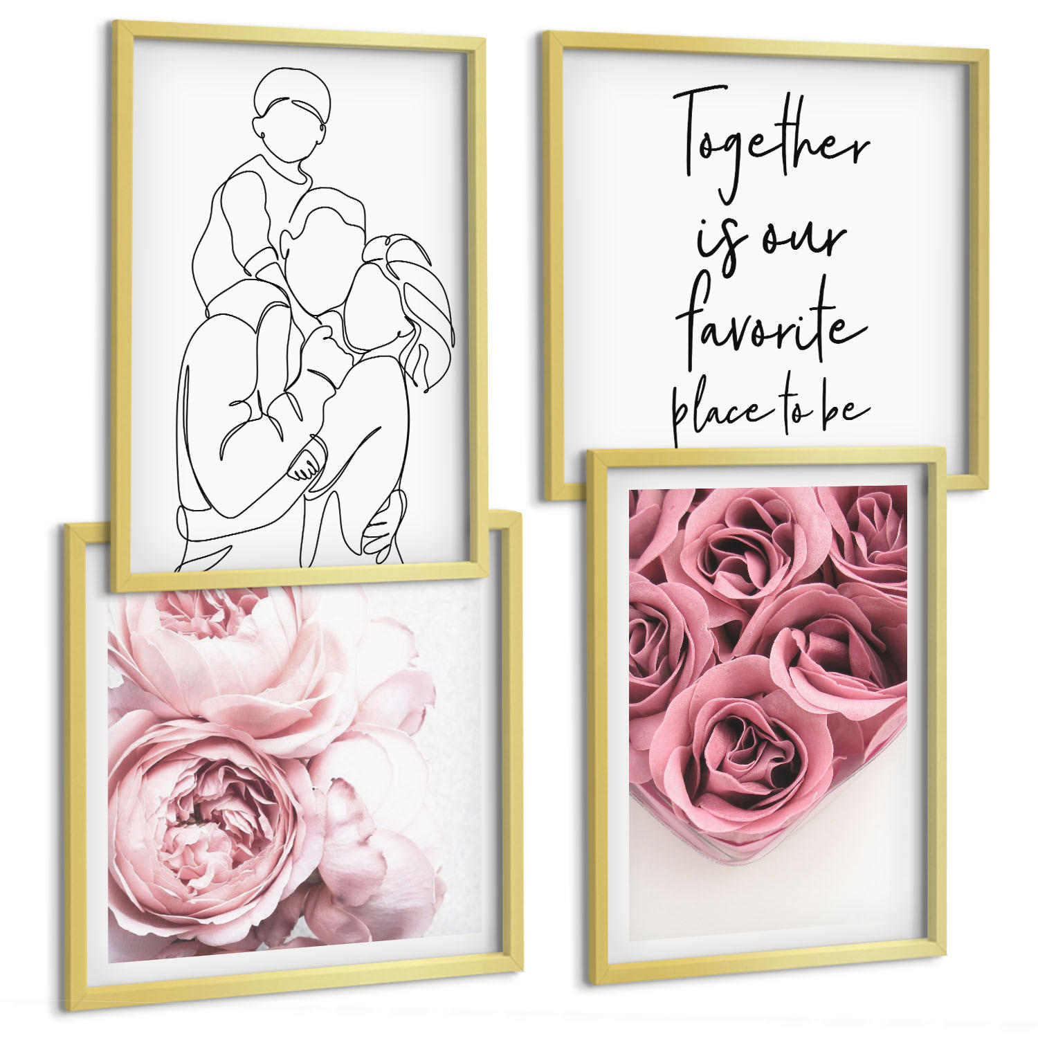 BILDER SET 4er Set - 50x50 cm & 40x60 cm Goldrahmen - Rosensträuße als Familienzeichnung - Goldfarben, Kunststoff (50/50cm) - TULUP