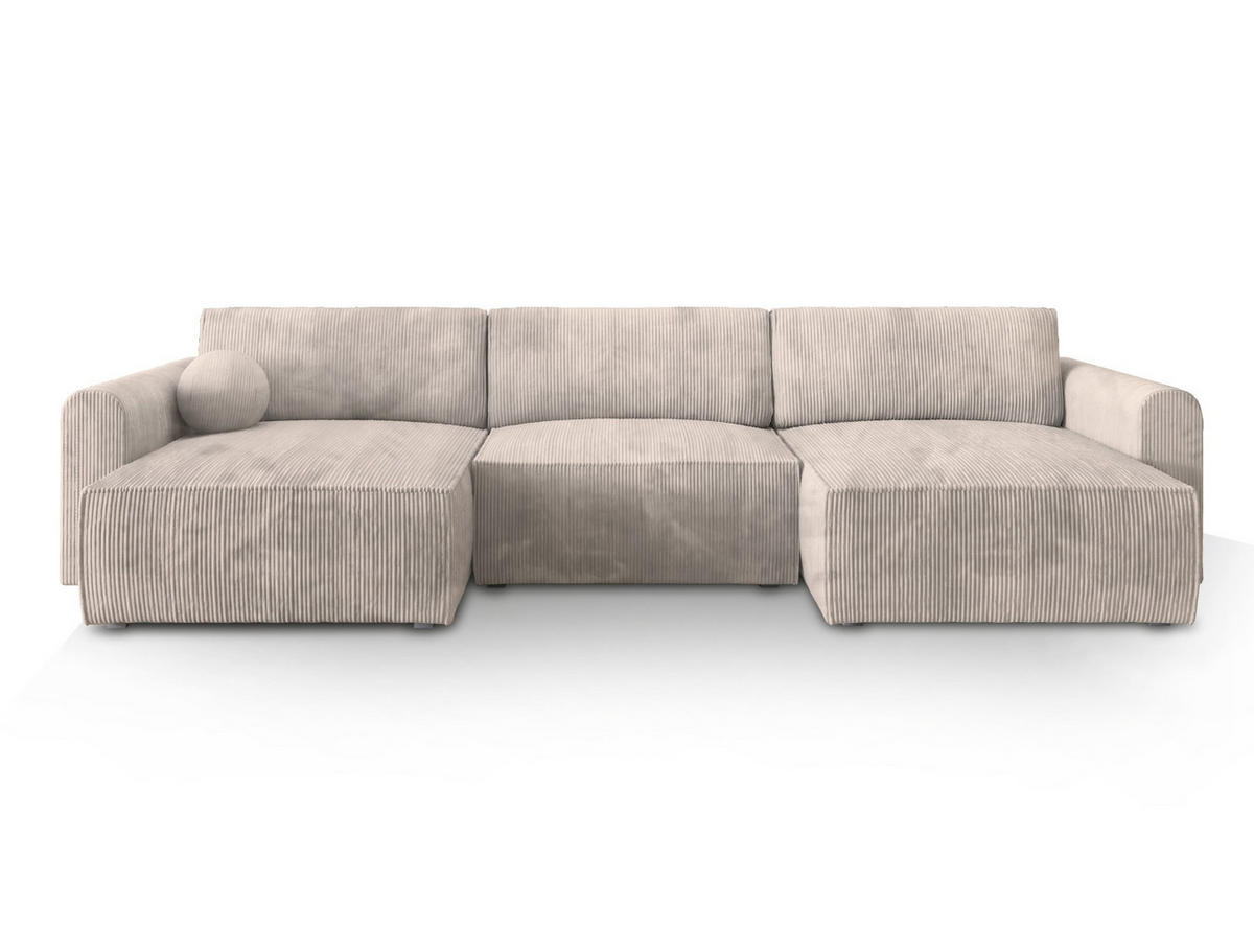 WOHNLANDSCHAFT FENTO P Creme Kordstoff mit Schlaffunktion - Creme, Holz (347/90/148cm) - MASSENO