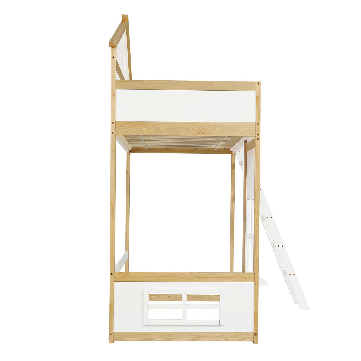ETAGENBETT 90/200 cm DE-02199, in Weiß/Natur, mit Hausdesign, Treppe und Fenstern - Weiß, Holzwerkstoff (90/200cm) - ComfortXL