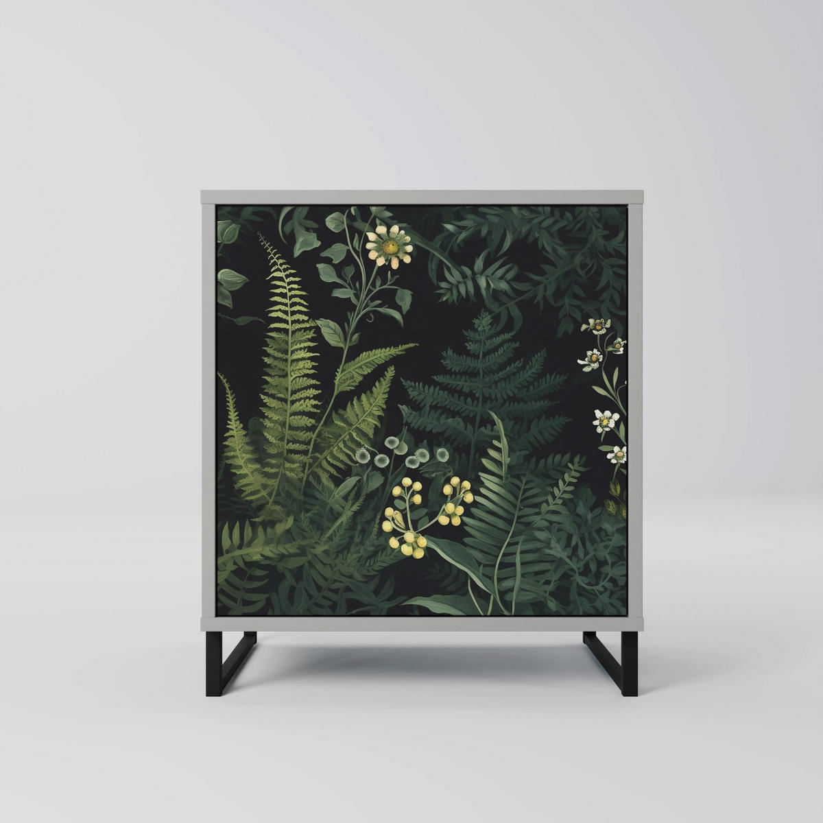 SIDEBOARD FERN FLOWERS, Grau, 57,5x42x67,5 cm, Schwarze Metall-Rahmenfüße - Multicolor/Schwarz, Holzwerkstoff/Metall (57.5/67.5/42cm) - SpaceRebels
