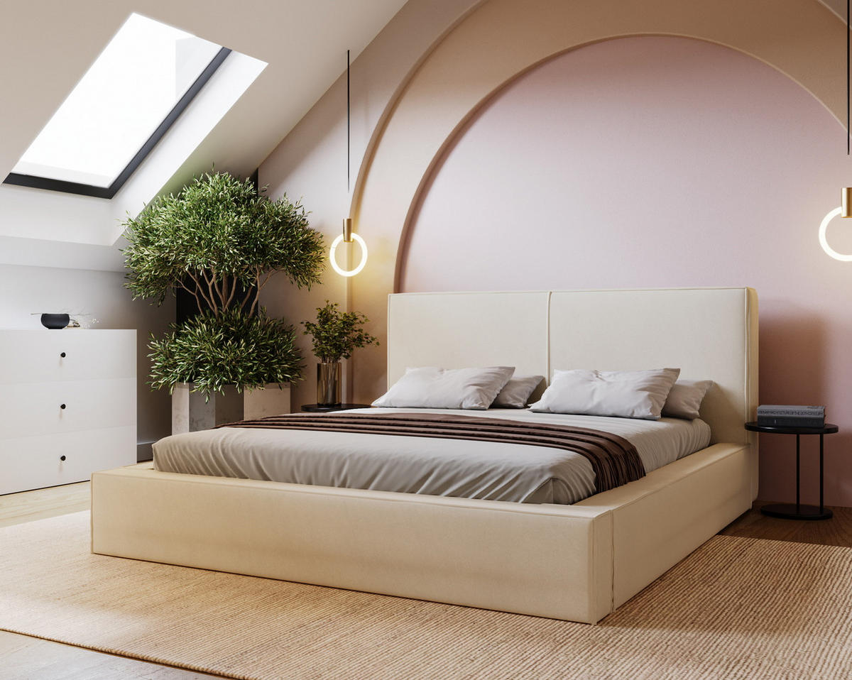 POLSTERBETT 180x200 Morin mit Bettkasten, Samt, Vanille - Beige, Holz/Textil (180/200cm) - Emporius