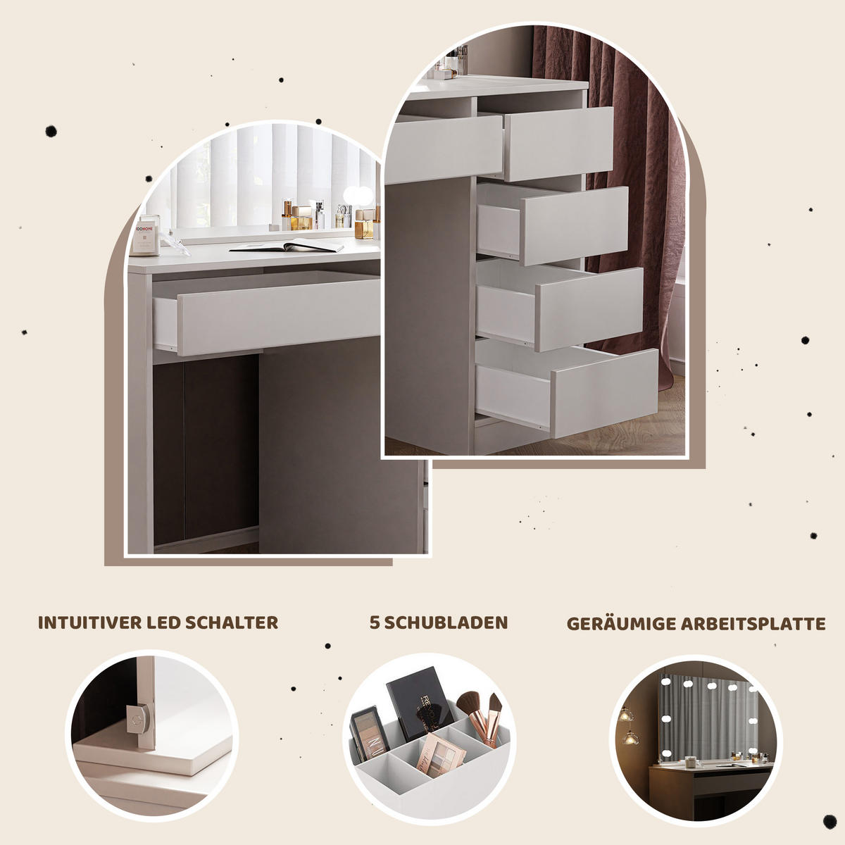 SCHMINKTISCH Bella Weiß 110 cm mit Spiegel und LED Beleuchtung - Weiß, Holzwerkstoff (110/77/55cm) - Idohome