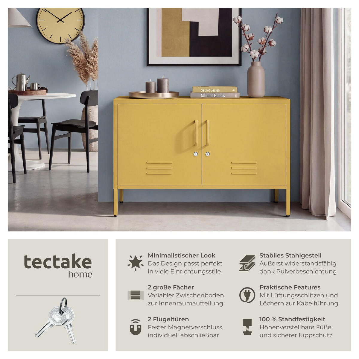 SIDEBOARD Baker, Kippschutz, höhenverstellbare Füße, gelb - Gelb, Metall (100/65/42.5cm) - tectake