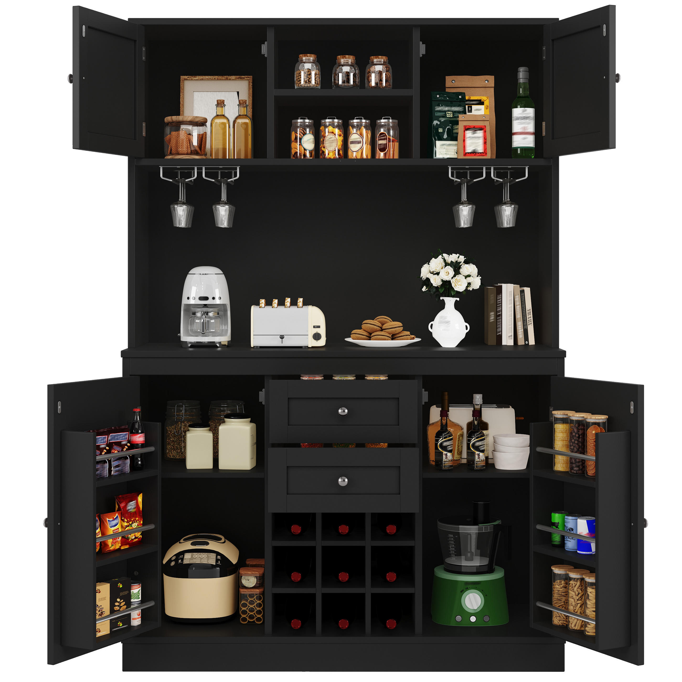 KÜCHENSCHRANK in Schwarz mit verstellbaren Ablagen und Weinregal für Küche, B120/T40/H188 cm - Schwarz, Holzwerkstoff/Metall (120/188/40cm) - STILVORA