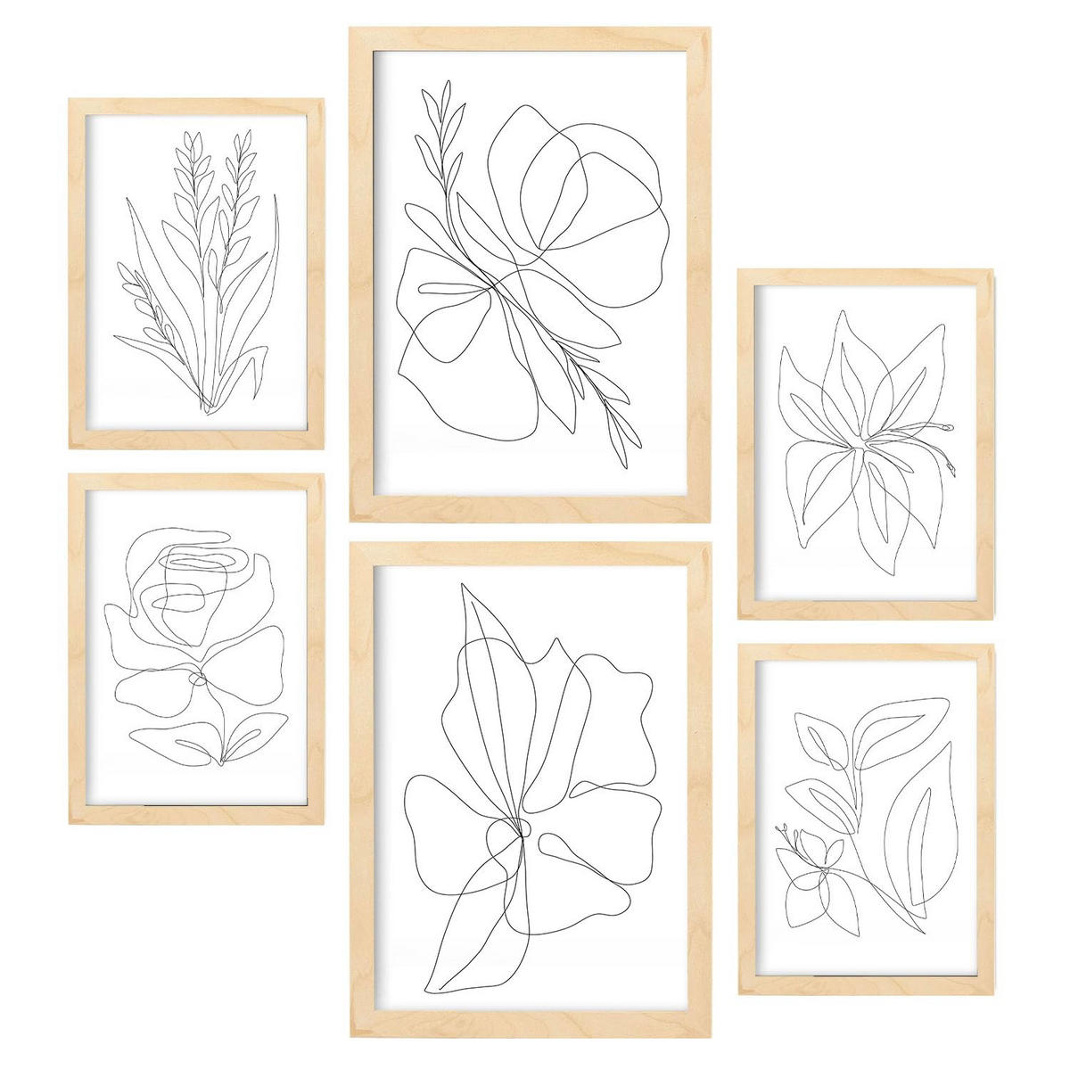 POSTER Set Mit 6 Blumenrahmen 1 Abstrakt Größe A3 & A4 Rahmen aus hellem Holz - Beige, Papier (29.7/1cm) - Nacnic