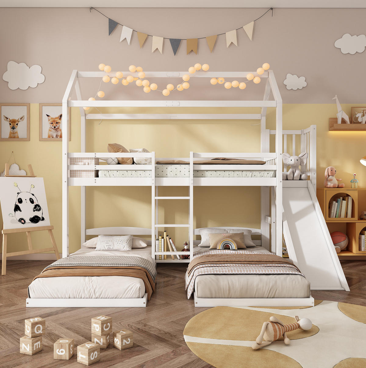 POSCHODOVÁ posteľ 90/200 cm biela s tromi lôžkami, šmykľavkou a úložným priestorom z borovice a MDF - biela, drevo (90/200cm) - OKWISH