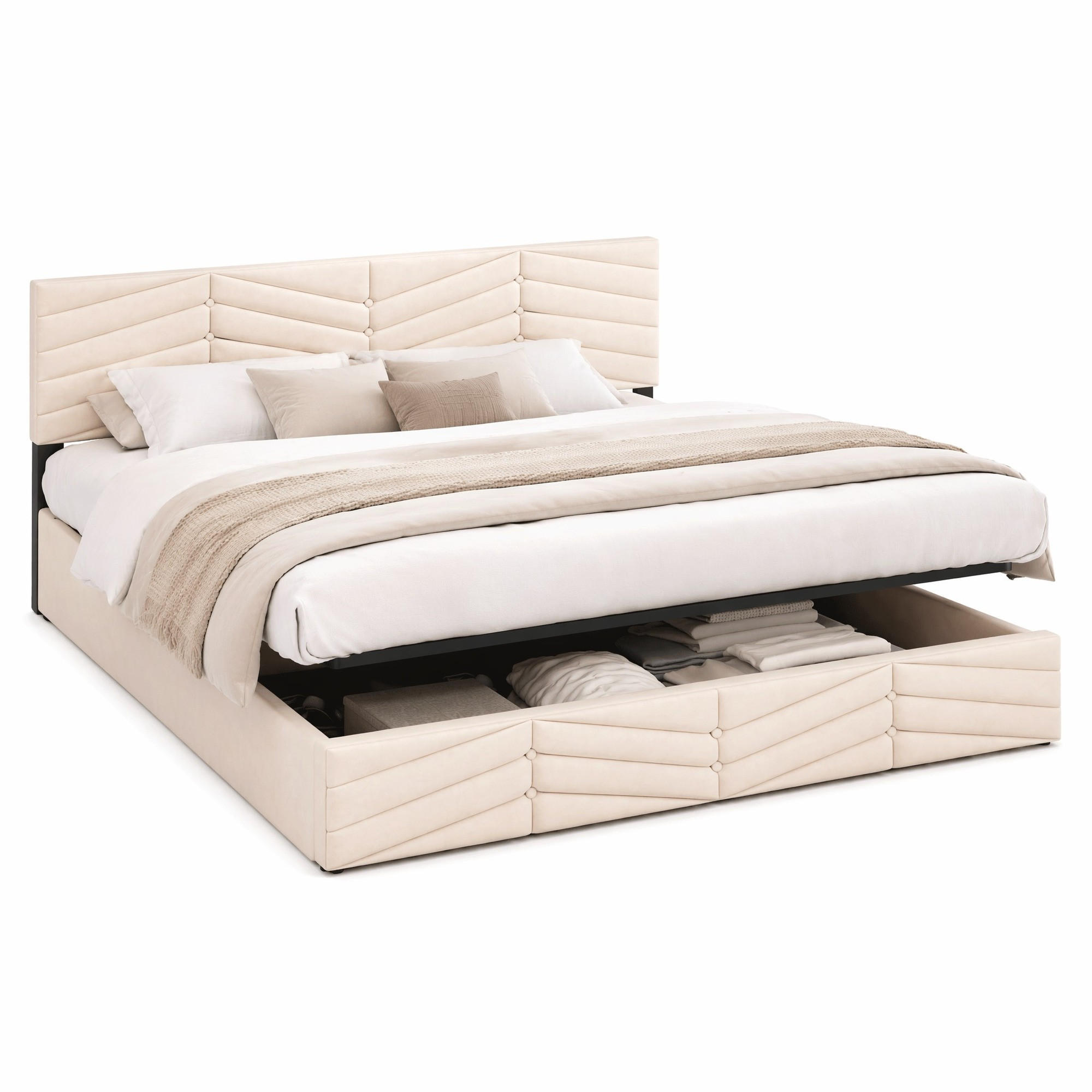 POLSTERBETT 180/200 cm in Beige Samt mit Bettkasten und verstellbarem Kopfteil - Beige, Holzwerkstoff/Textil (180/200cm) - CHICFURN