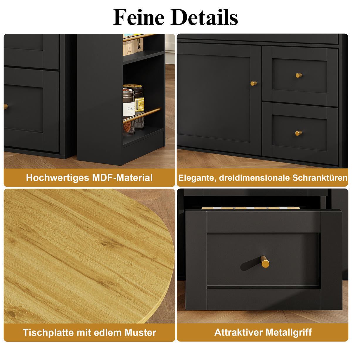 BARTISCH ausziehbar aus MDF mit Stauraum & 360°-Drehplatte, 138-204/39/105 cm, Schwarz - Schwarz, Holzwerkstoff (39/105/138cm) - Redom