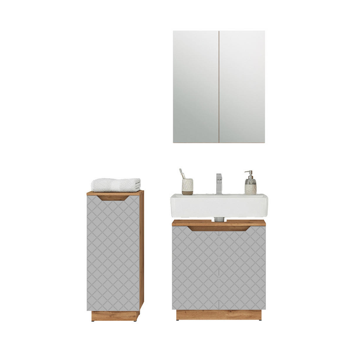 BADMÖBEL-SET Lotta Eiche/Grau mit Kachelstruktur 3 Teile - Eichefarben/Grau, Holzwerkstoff (59.8/62.1/32cm) - Vicco