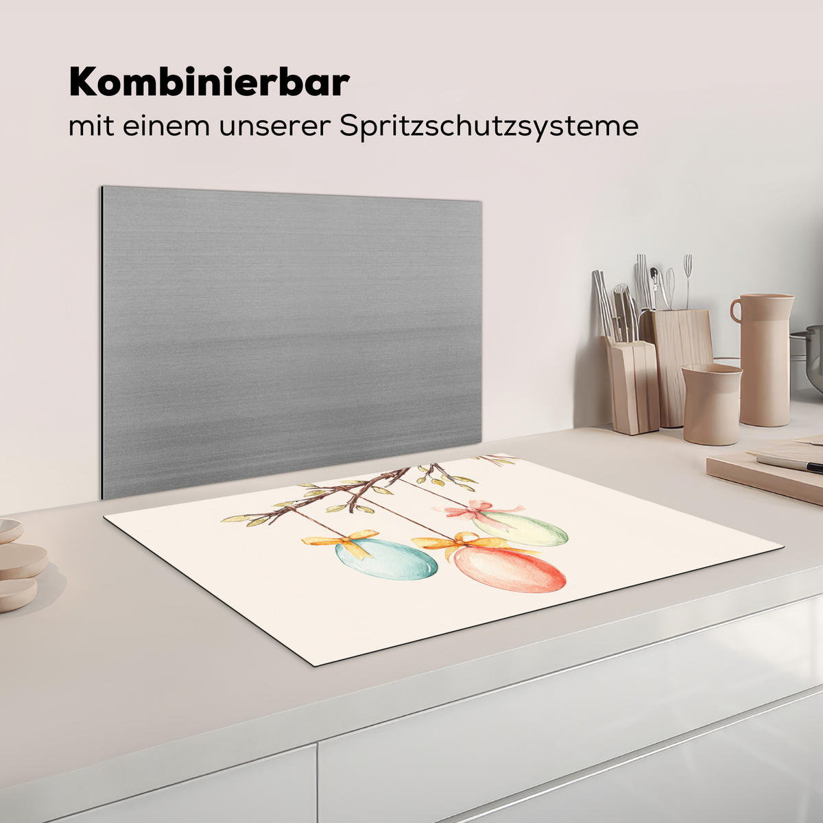 HERDABDECKPLATTE Osterkuchen - Schleife - Eier Herdabdeckung Induktionsfeld 75x52 cm - Creme, Kunststoff (75/52/0.2cm) - MuchoWow